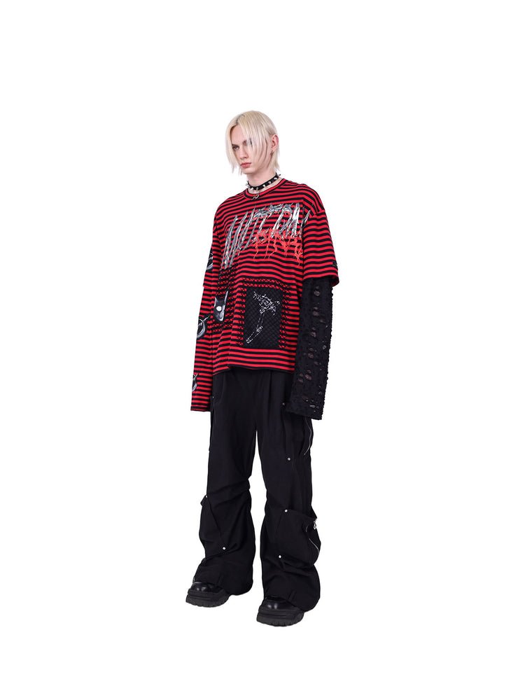 PINKSPINK ELECTRIC MOON striped patchwork long-sleeve tee — red and black three-quarter full-length front modeled view