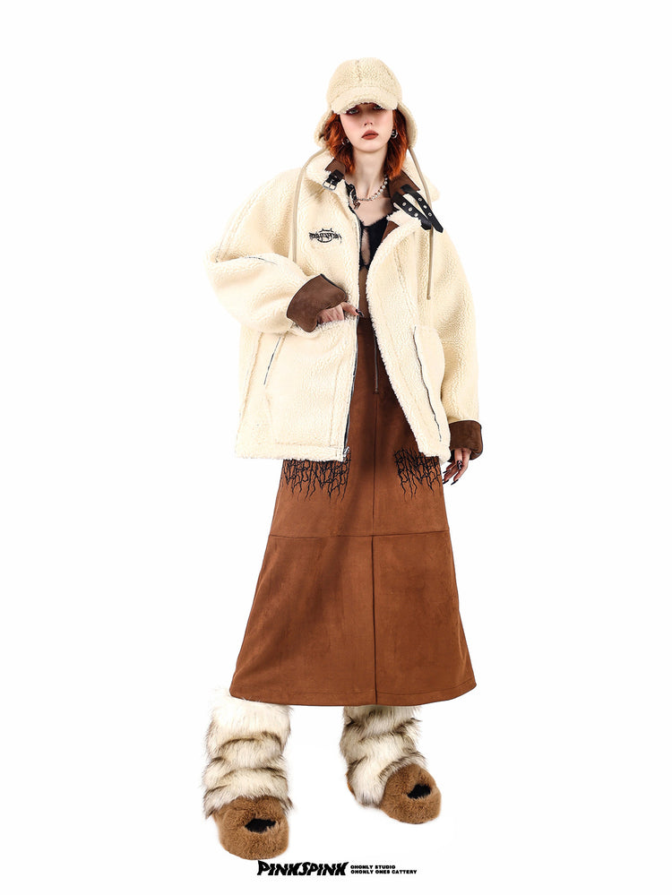 PINKSPINK ELECTRIC THORN embroidered suede-look midi skirt — caramel brown full-length front view styled with a cream jacket