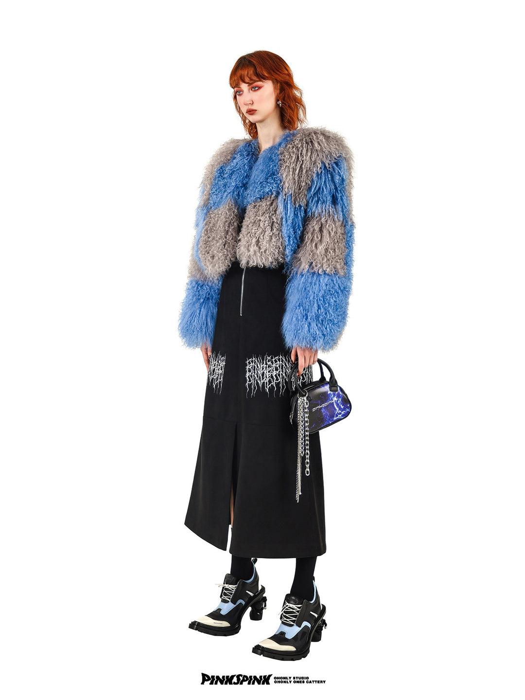 PINKSPINK ELECTRIC THORN embroidered suede-look midi skirt — black full-length three-quarter view showing the front slit