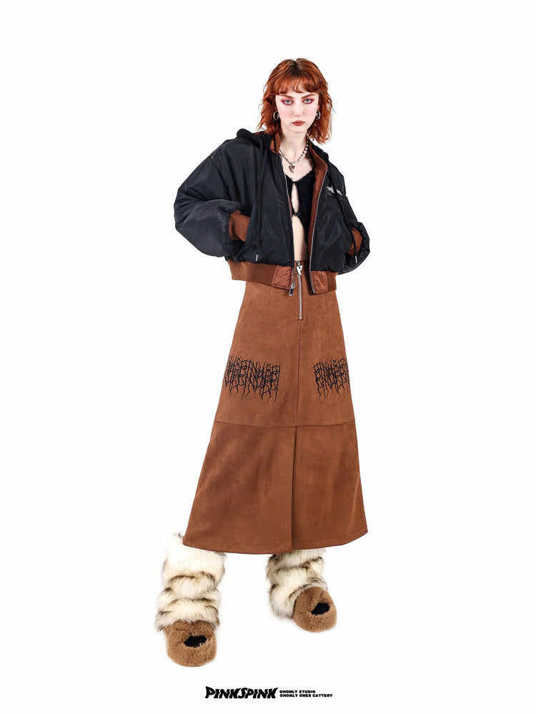 PINKSPINK ELECTRIC THORN embroidered suede-look midi skirt — caramel brown full-length front view styled with a cropped bomber jacket