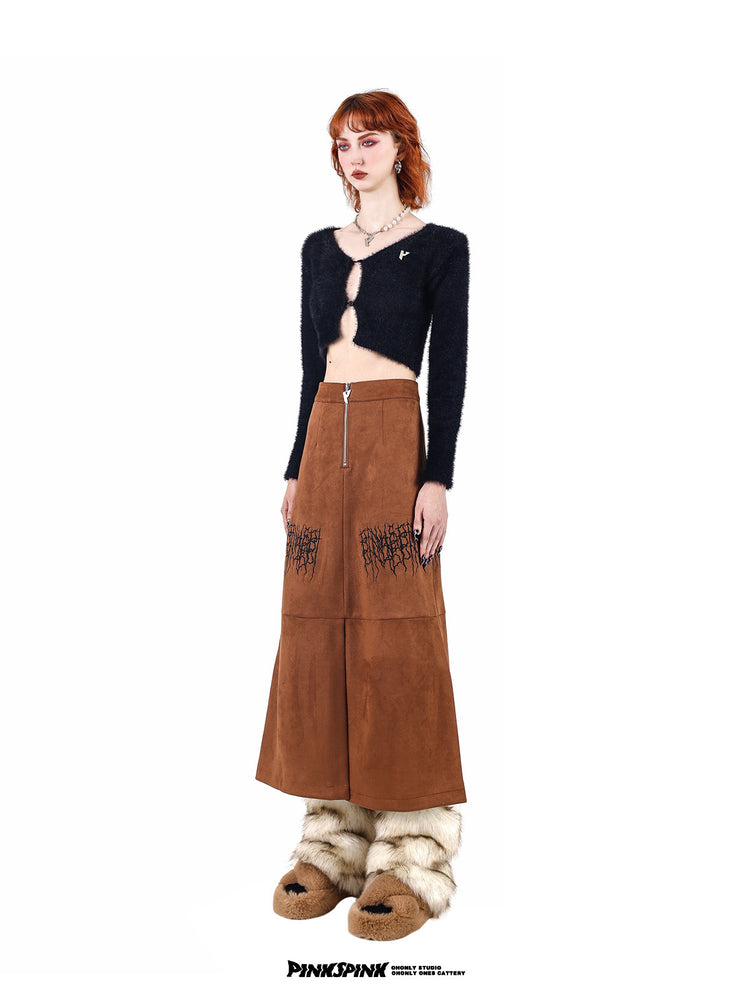 PINKSPINK ELECTRIC THORN embroidered suede-look midi skirt — caramel brown unobstructed front view showing the high waist and zip fastening