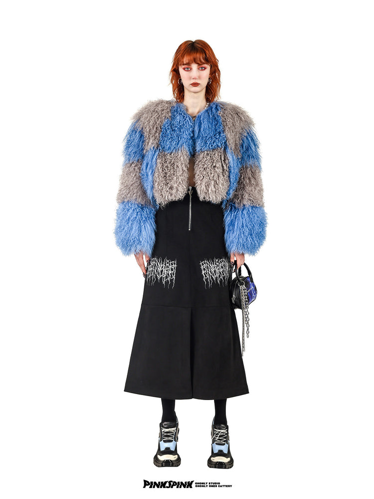 PINKSPINK ELECTRIC THORN embroidered suede-look midi skirt — black full-length straight-on view of the panelled silhouette