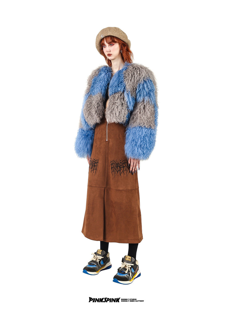 PINKSPINK ELECTRIC THORN embroidered suede-look midi skirt — caramel brown angled full-length view styled with a blue-and-gray jacket