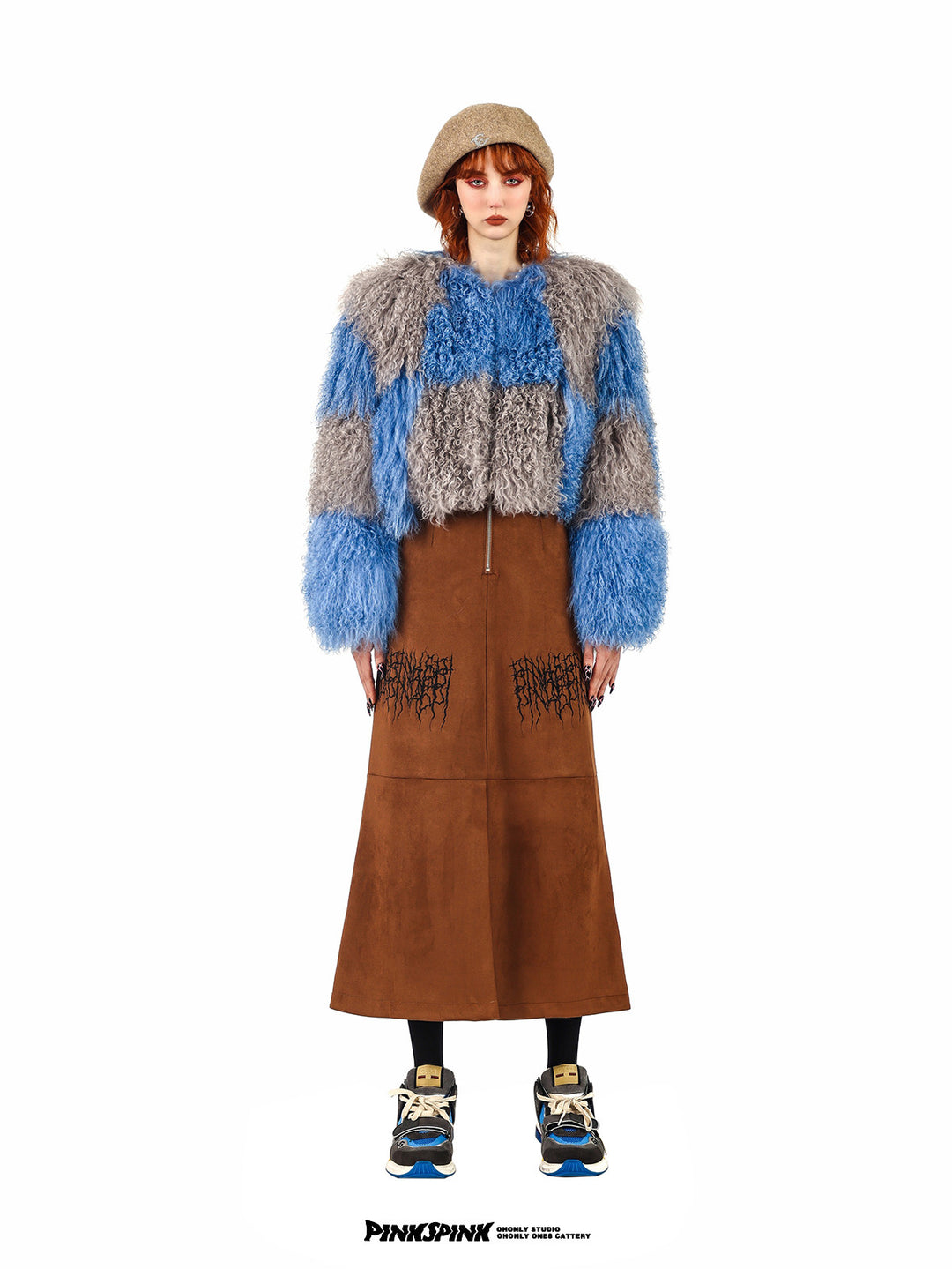 PINKSPINK ELECTRIC THORN embroidered suede-look midi skirt — caramel brown front view showing the embroidery across the thighs