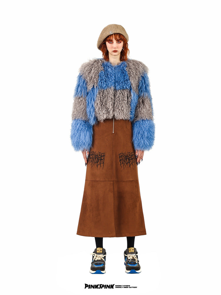PINKSPINK ELECTRIC THORN embroidered suede-look midi skirt — caramel brown front view showing the embroidery across the thighs