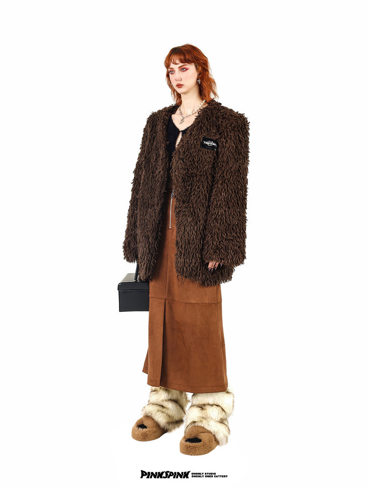 PINKSPINK ELECTRIC THORN embroidered suede-look midi skirt — caramel brown three-quarter view showing the flared hem