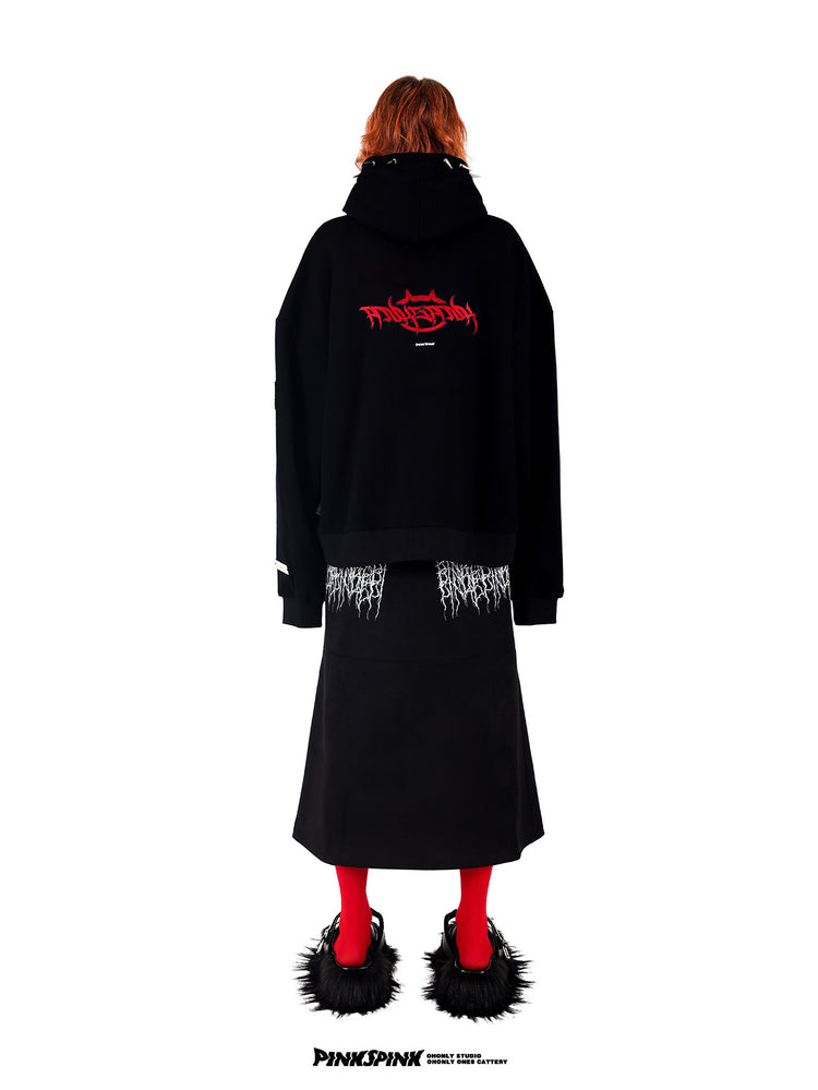 PINKSPINK ELECTRIC THORN embroidered suede-look midi skirt — black full-length rear view styled with a graphic hoodie