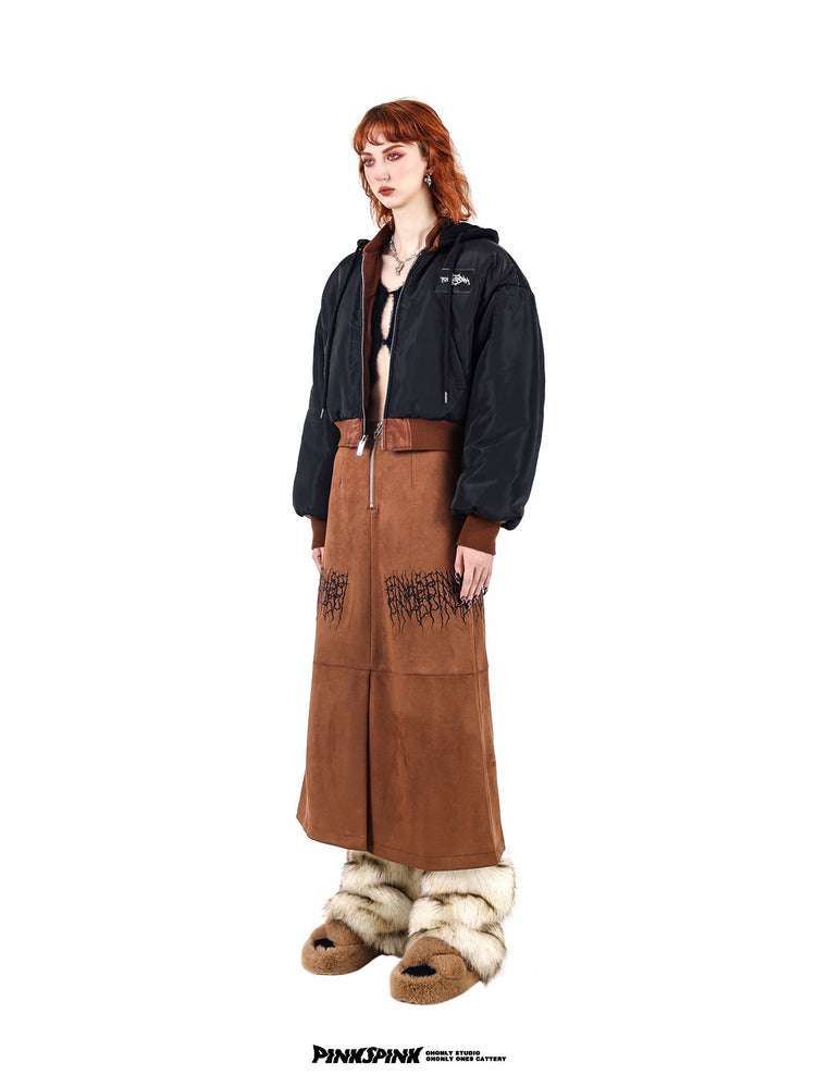 PINKSPINK ELECTRIC THORN embroidered suede-look midi skirt — caramel brown angled front view showing the zip and panel seams