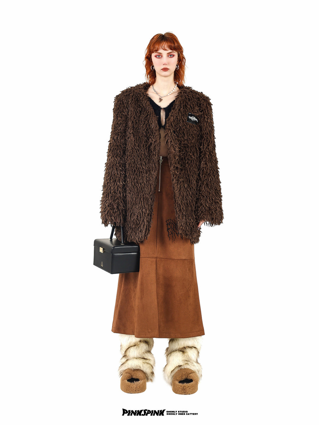 PINKSPINK ELECTRIC THORN embroidered suede-look midi skirt — caramel brown straight-on view styled with a shaggy jacket