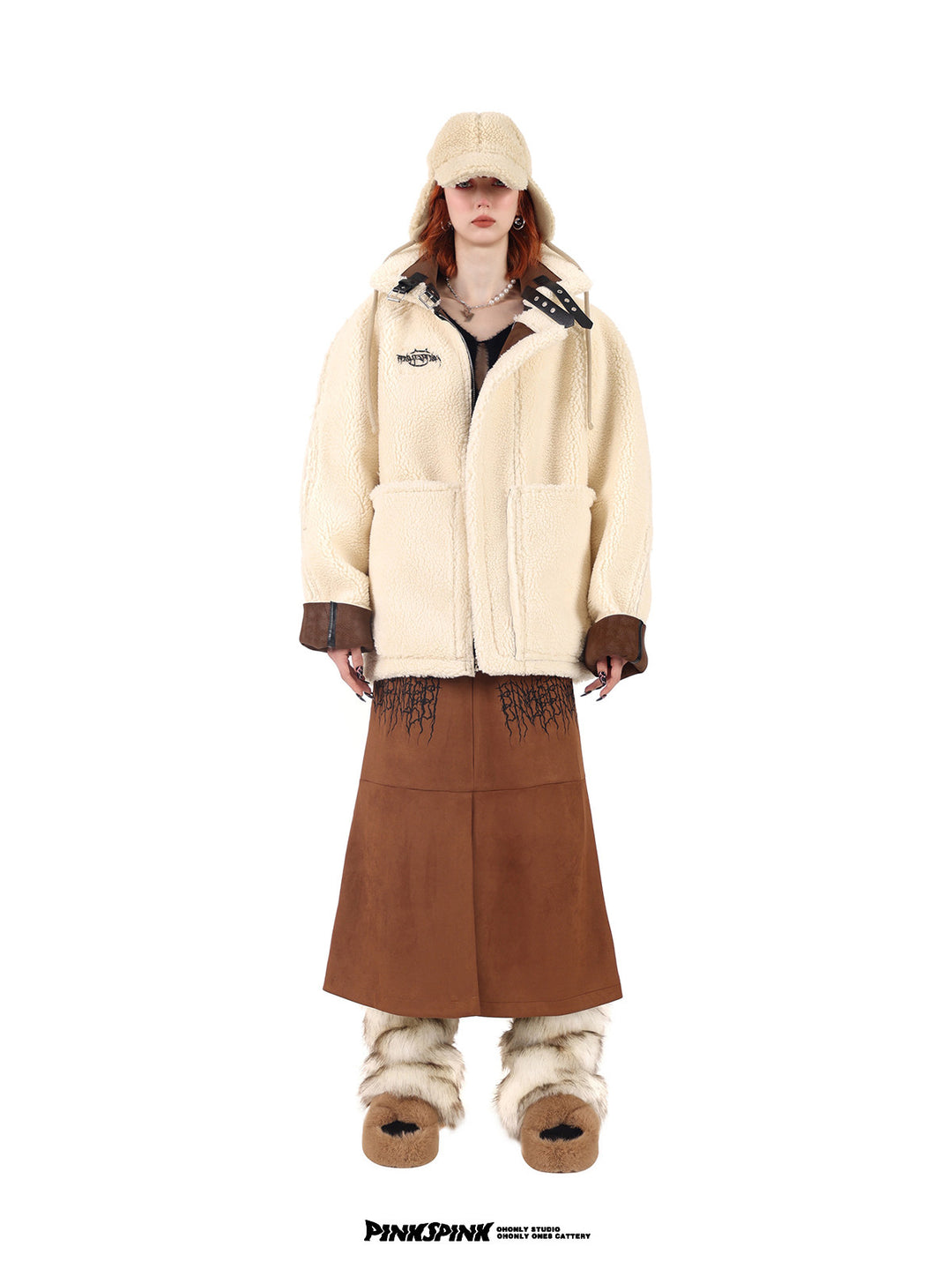 PINKSPINK ELECTRIC THORN embroidered suede-look midi skirt — caramel brown straight-on view styled with a cream jacket