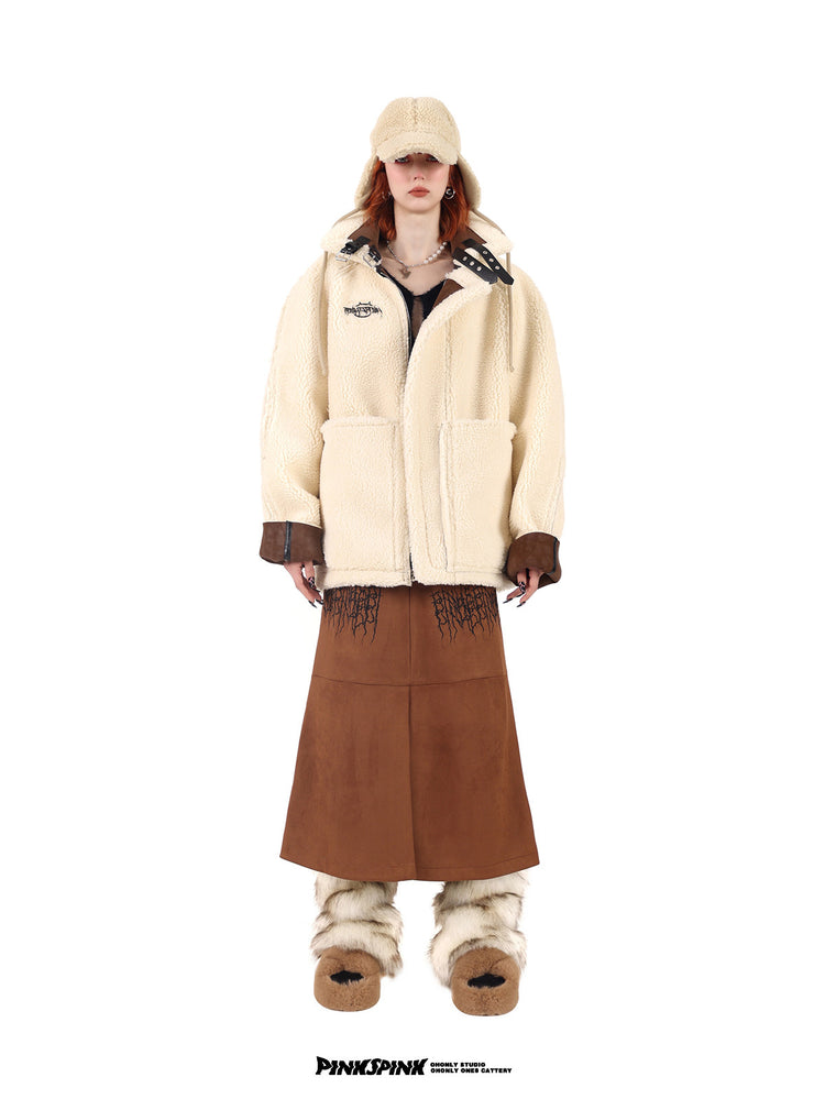 PINKSPINK ELECTRIC THORN embroidered suede-look midi skirt — caramel brown straight-on view styled with a cream jacket