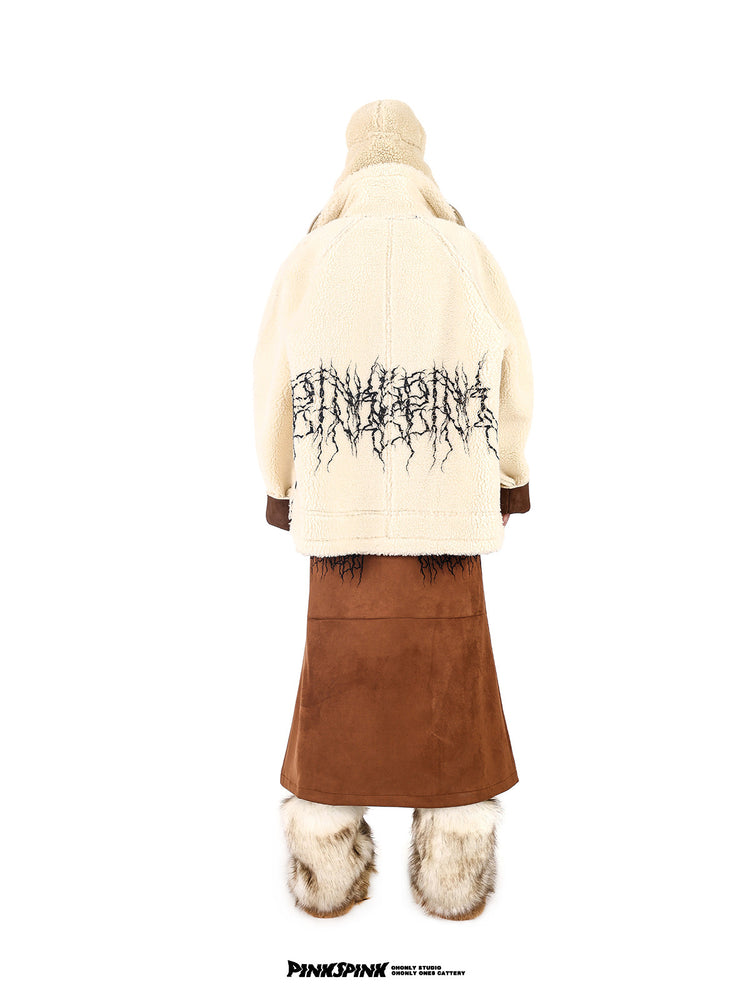 PINKSPINK ELECTRIC THORN embroidered suede-look midi skirt — caramel brown back view styled with a cream jacket