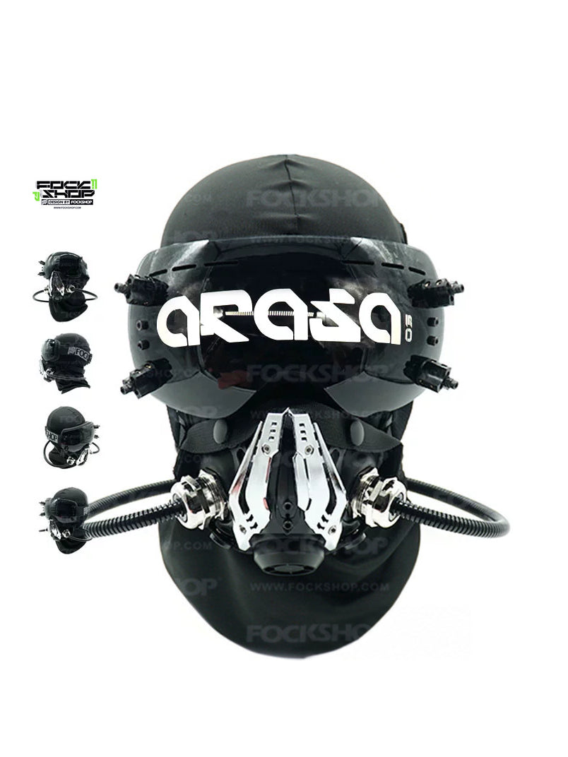 FOCKSHOP NORTH II black modular cyber mask — front view with ARASA goggles and four inset mask angles