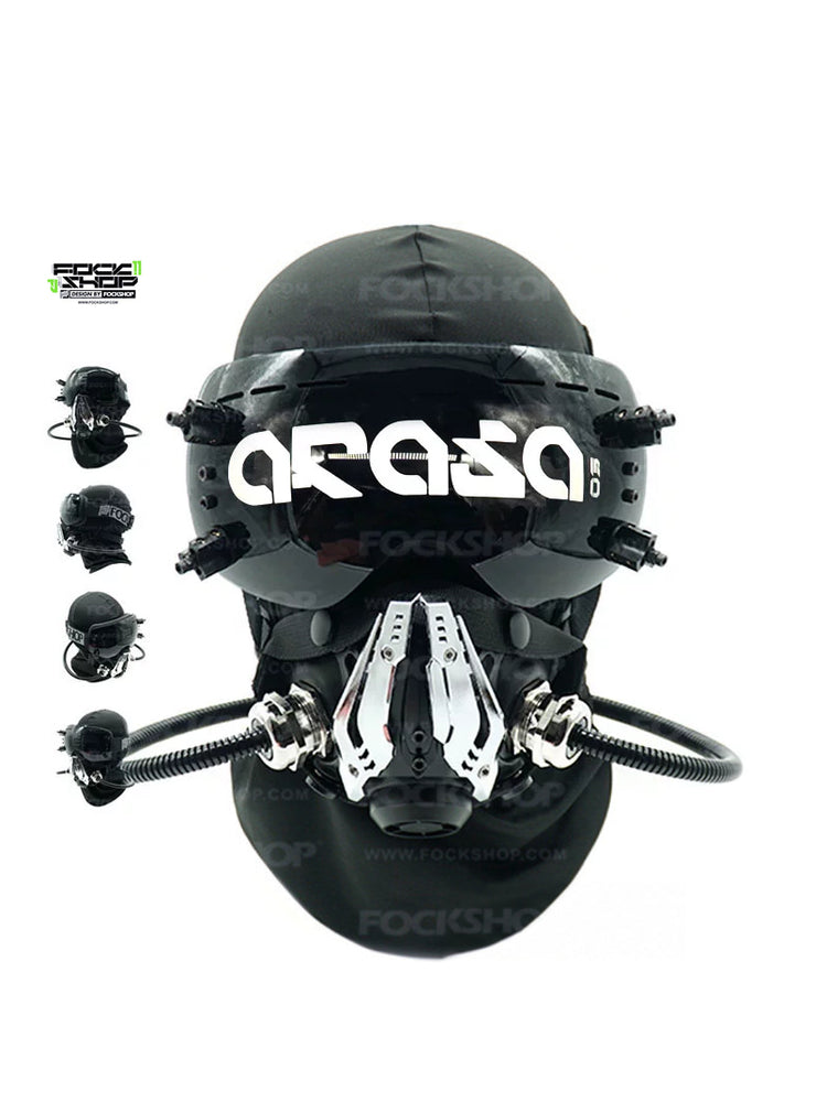 FOCKSHOP NORTH II black modular cyber mask — front view with ARASA goggles and four inset mask angles