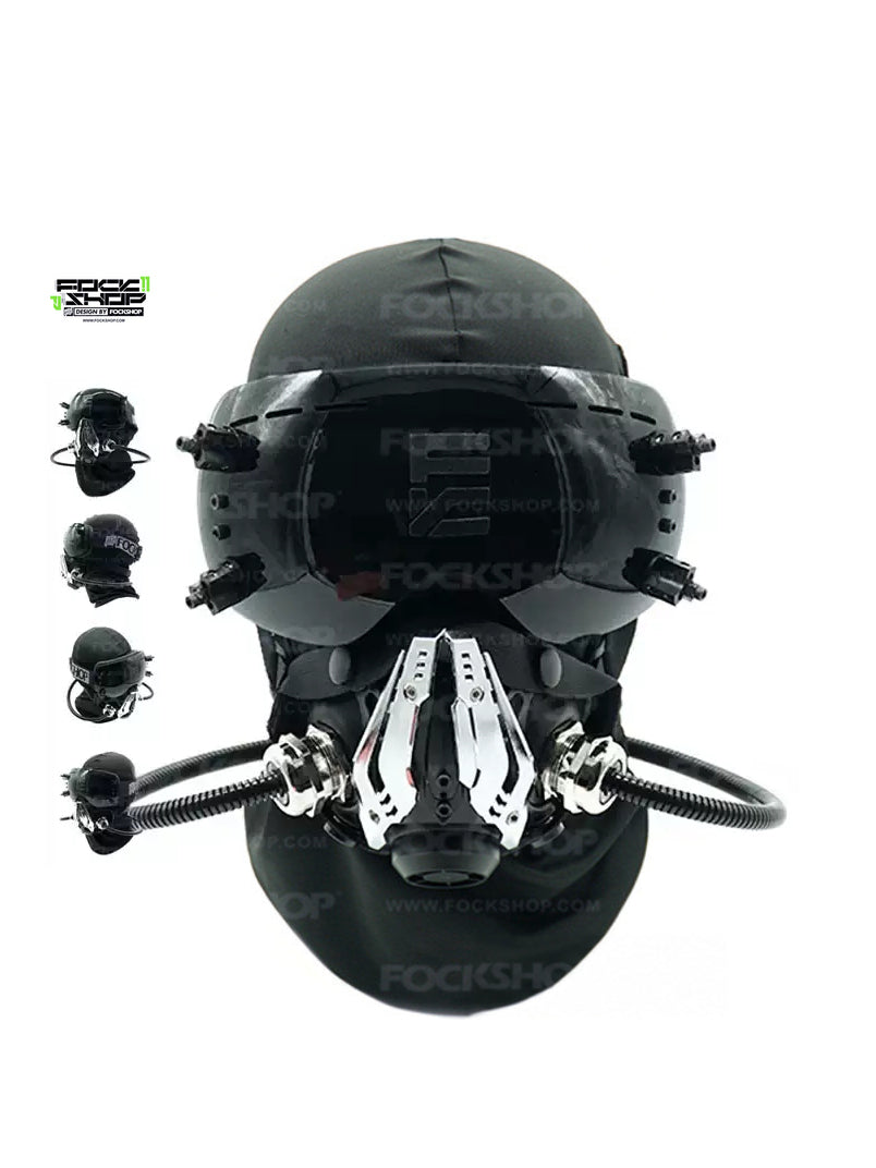 FOCKSHOP NORTH II black modular cyber mask — front view with dark plain goggles and four inset mask angles