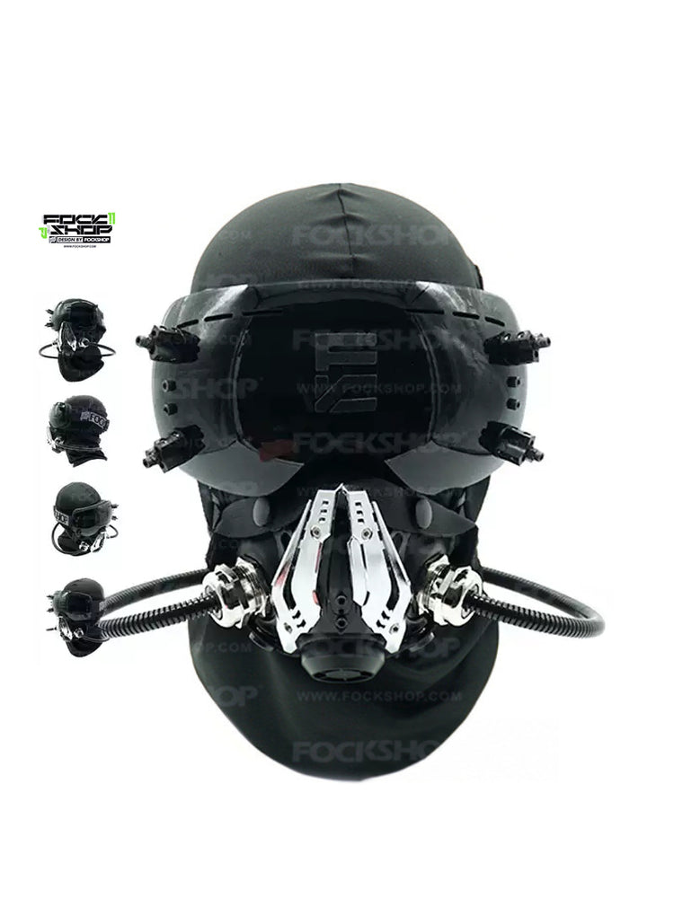 FOCKSHOP NORTH II black modular cyber mask — front view with dark plain goggles and four inset mask angles