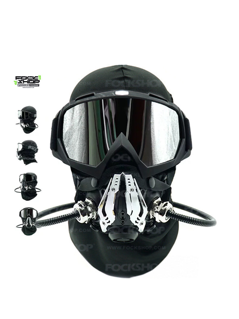 FOCKSHOP NORTH II black modular cyber mask — front view with mirrored goggles and four inset mask angles
