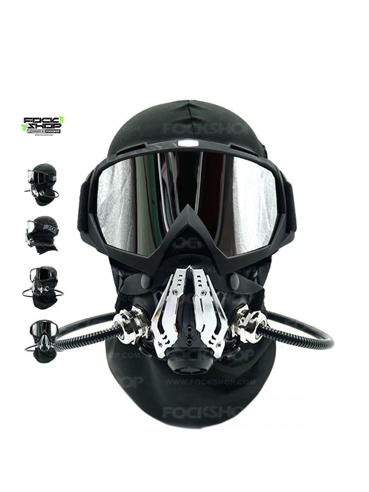 FOCKSHOP NORTH II black modular cyber mask — front view with mirrored goggles and four inset mask angles