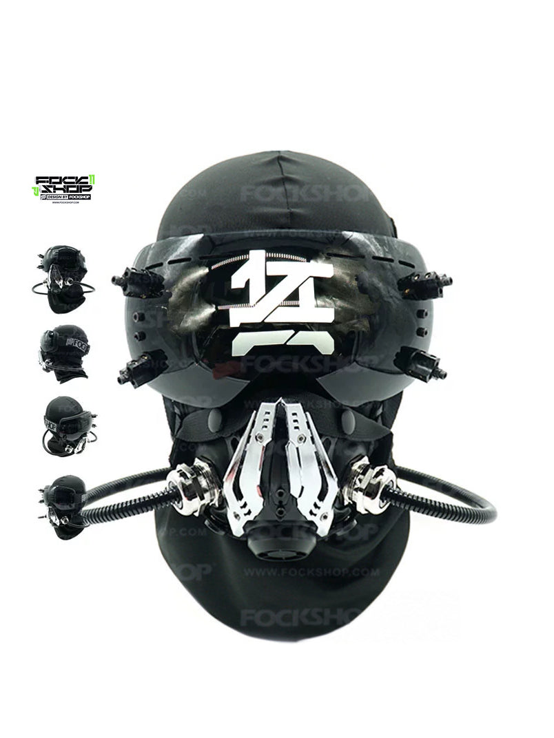 FOCKSHOP NORTH II black modular cyber mask — front view with VOID goggles and four inset mask angles