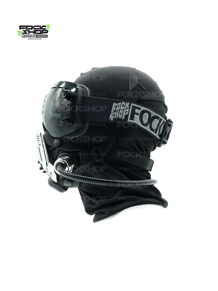 FOCKSHOP NORTH II black modular cyber mask — rear three-quarter view showing elastic goggle straps and the black fabric hood