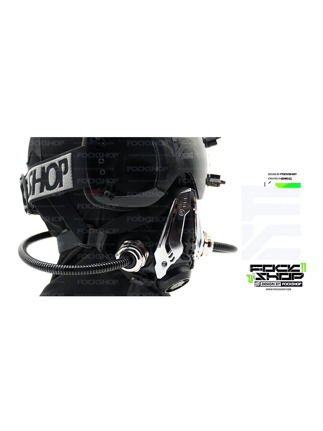 FOCKSHOP NORTH II black modular cyber mask — side close-up showing the silver-finish decorative shell and coiled tubing