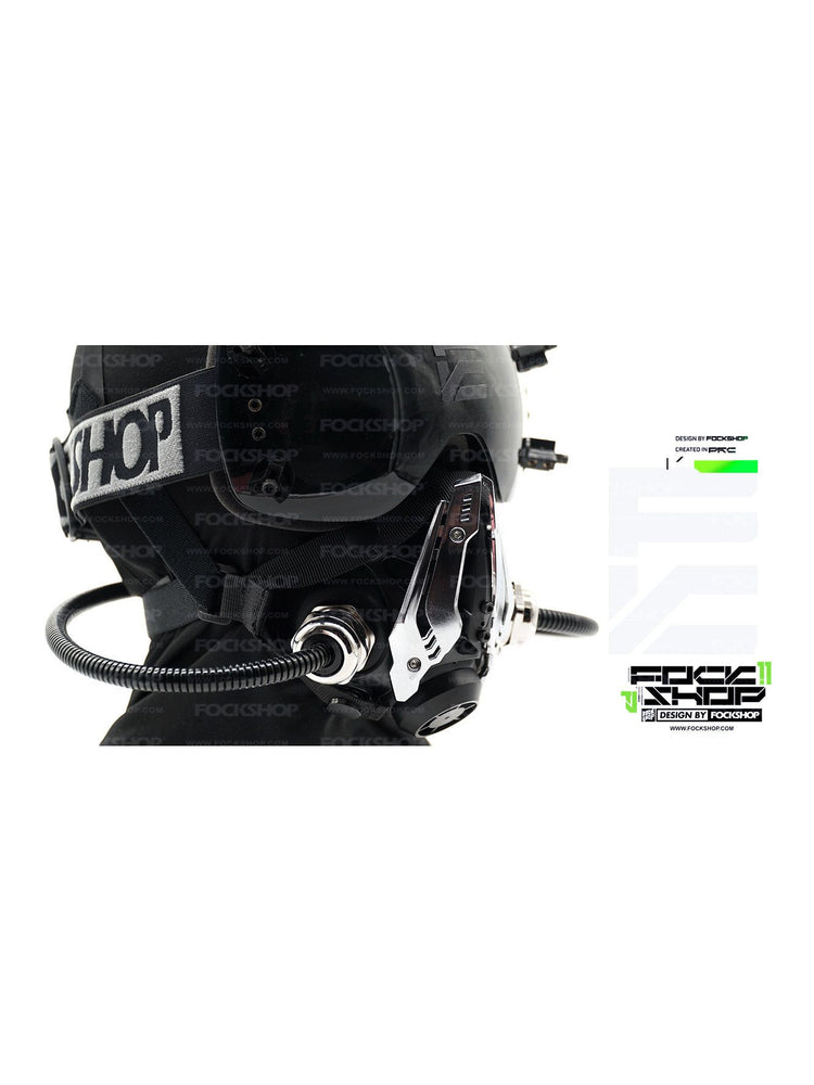 FOCKSHOP NORTH II black modular cyber mask — side close-up showing the silver-finish decorative shell and coiled tubing