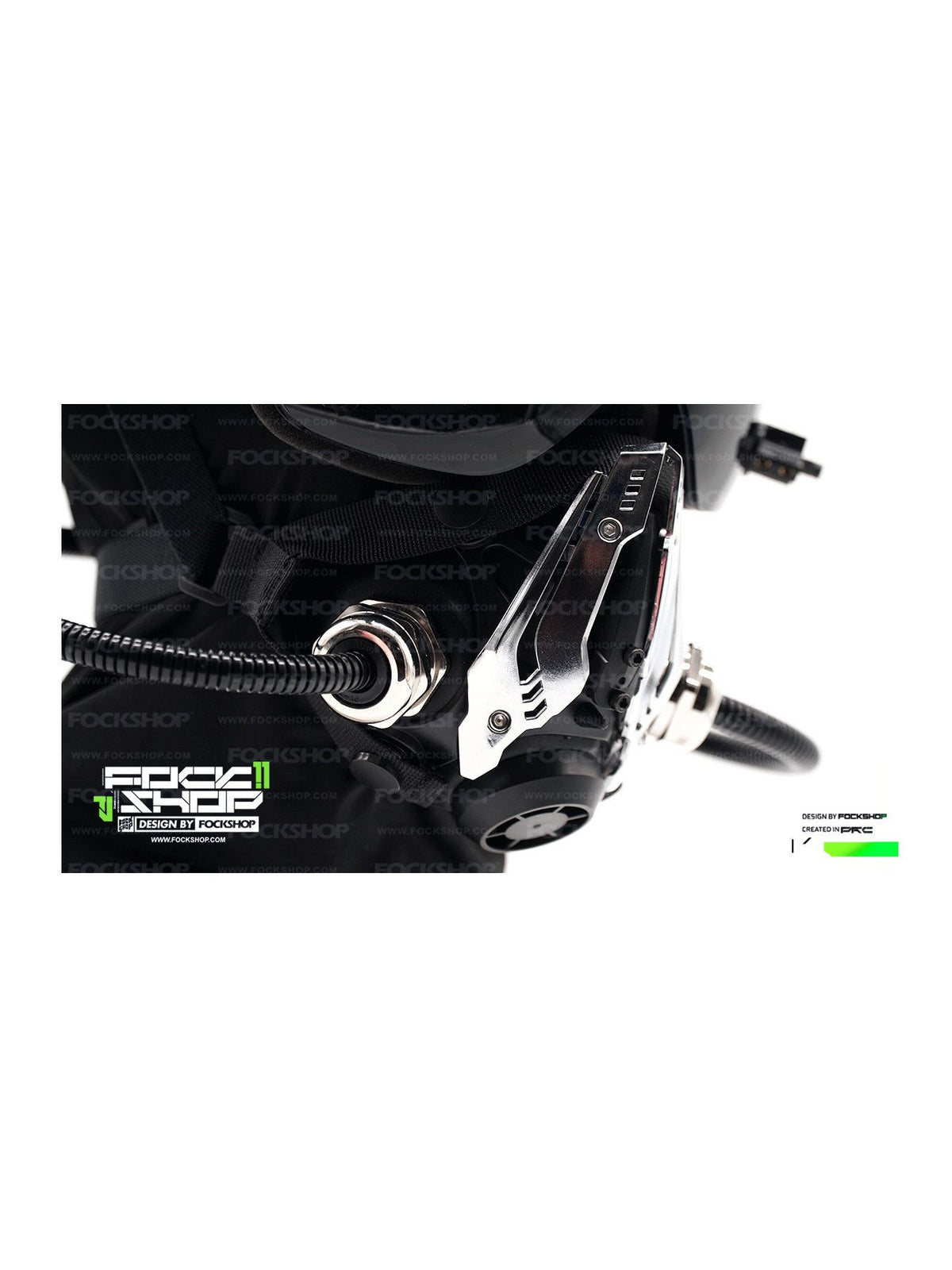 FOCKSHOP NORTH II black modular cyber mask — close-up of the ABS decorative plates and rotating tube connector