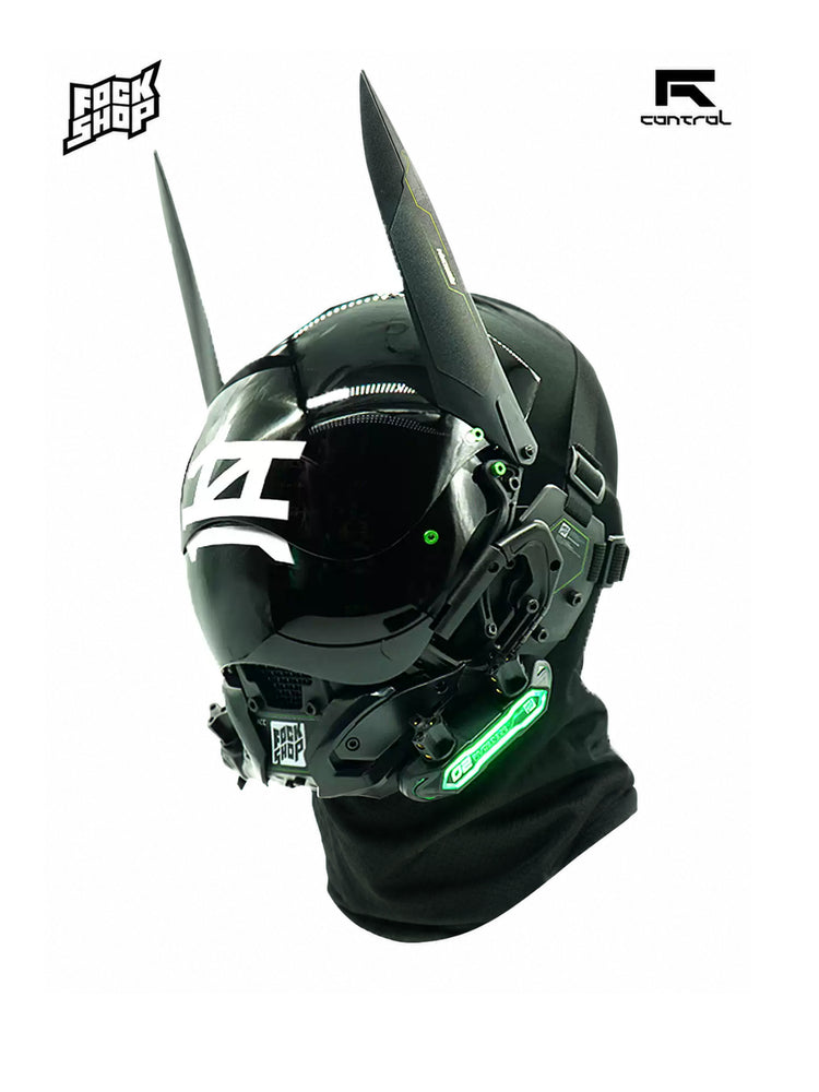 FOCKSHOP ANUBIS black illuminated horned cyber mask — front three-quarter view showing the long horns, black visor and fabric base hood