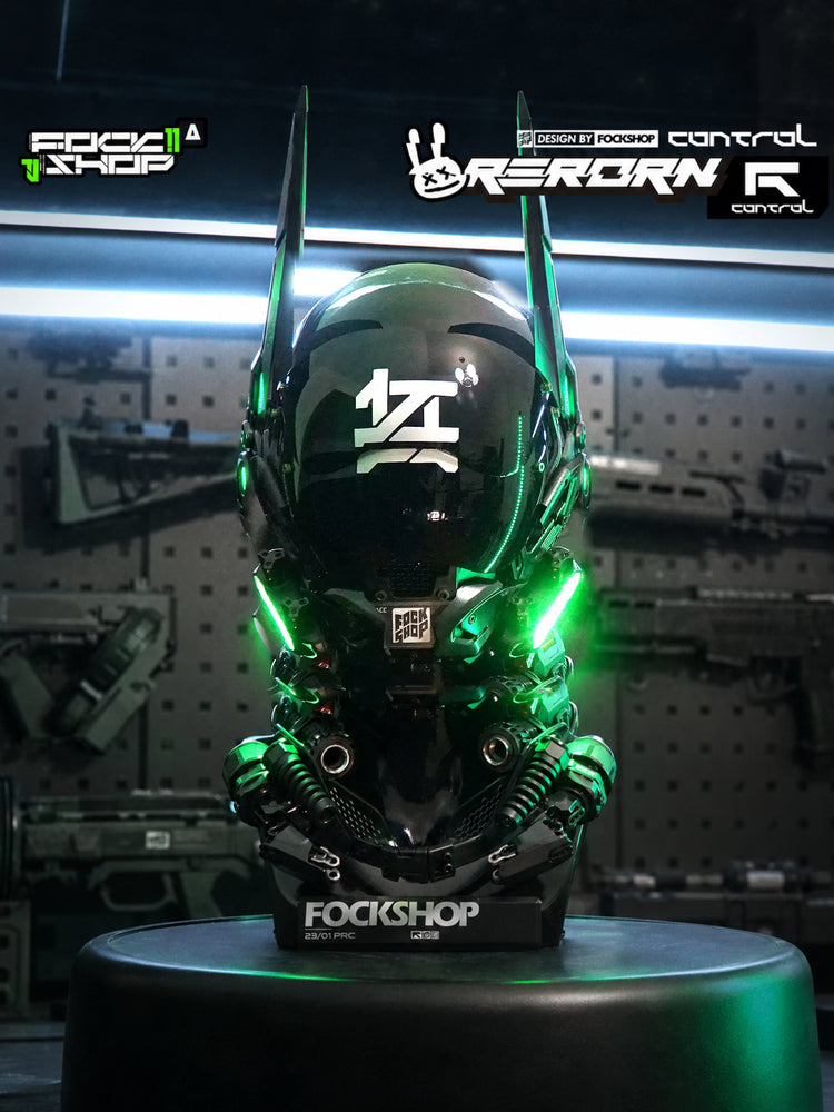 FOCKSHOP ANUBIS black illuminated horned cyber mask — front display view showing the visor, twin horns and cheek lights