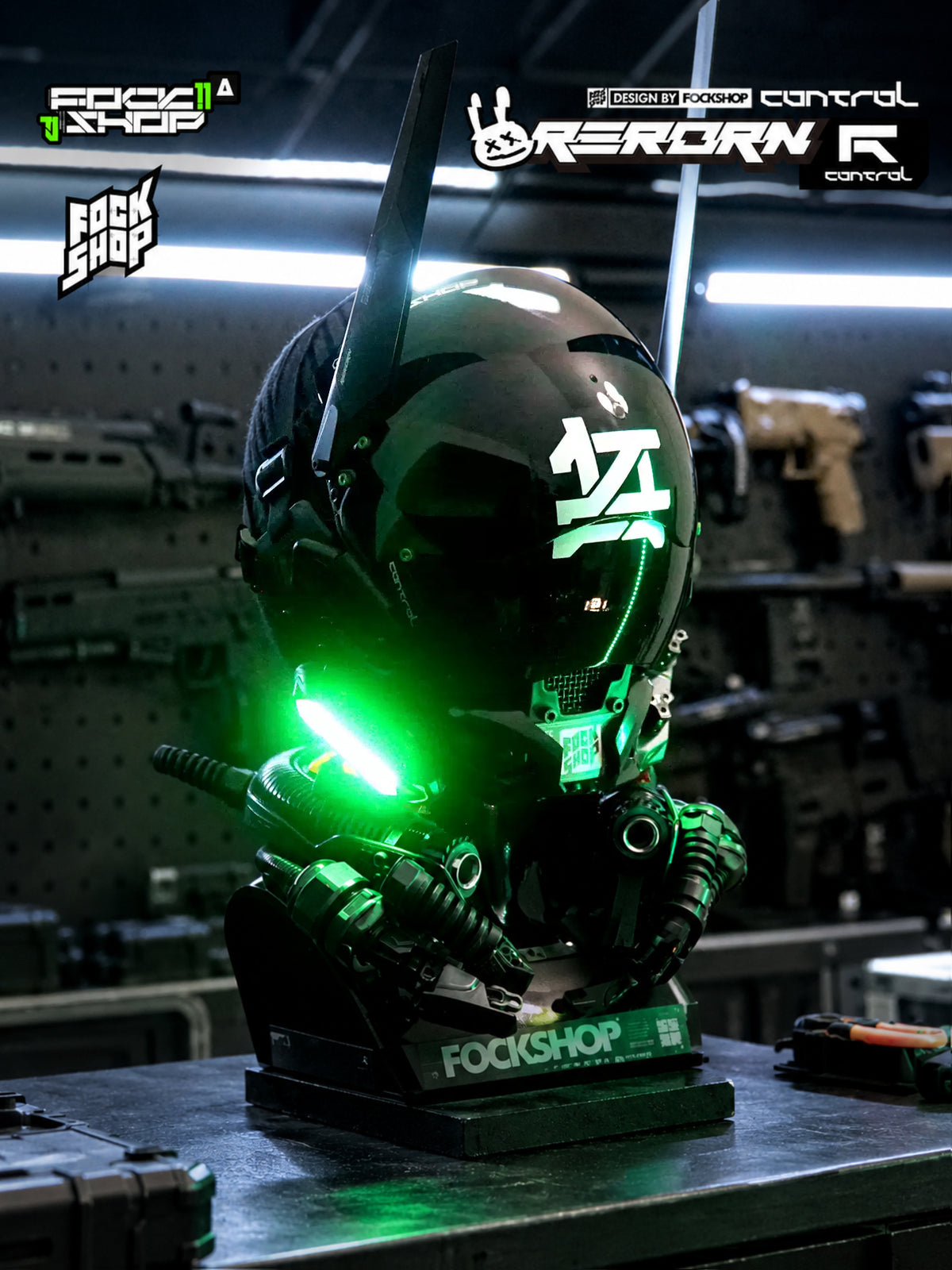 FOCKSHOP ANUBIS black illuminated horned cyber mask — angled display view with green cheek light and horn profile