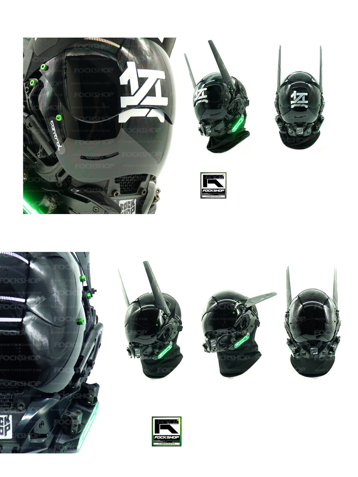 FOCKSHOP ANUBIS black illuminated horned cyber mask — front and angled mask views comparing applied visor decals and a plain visor