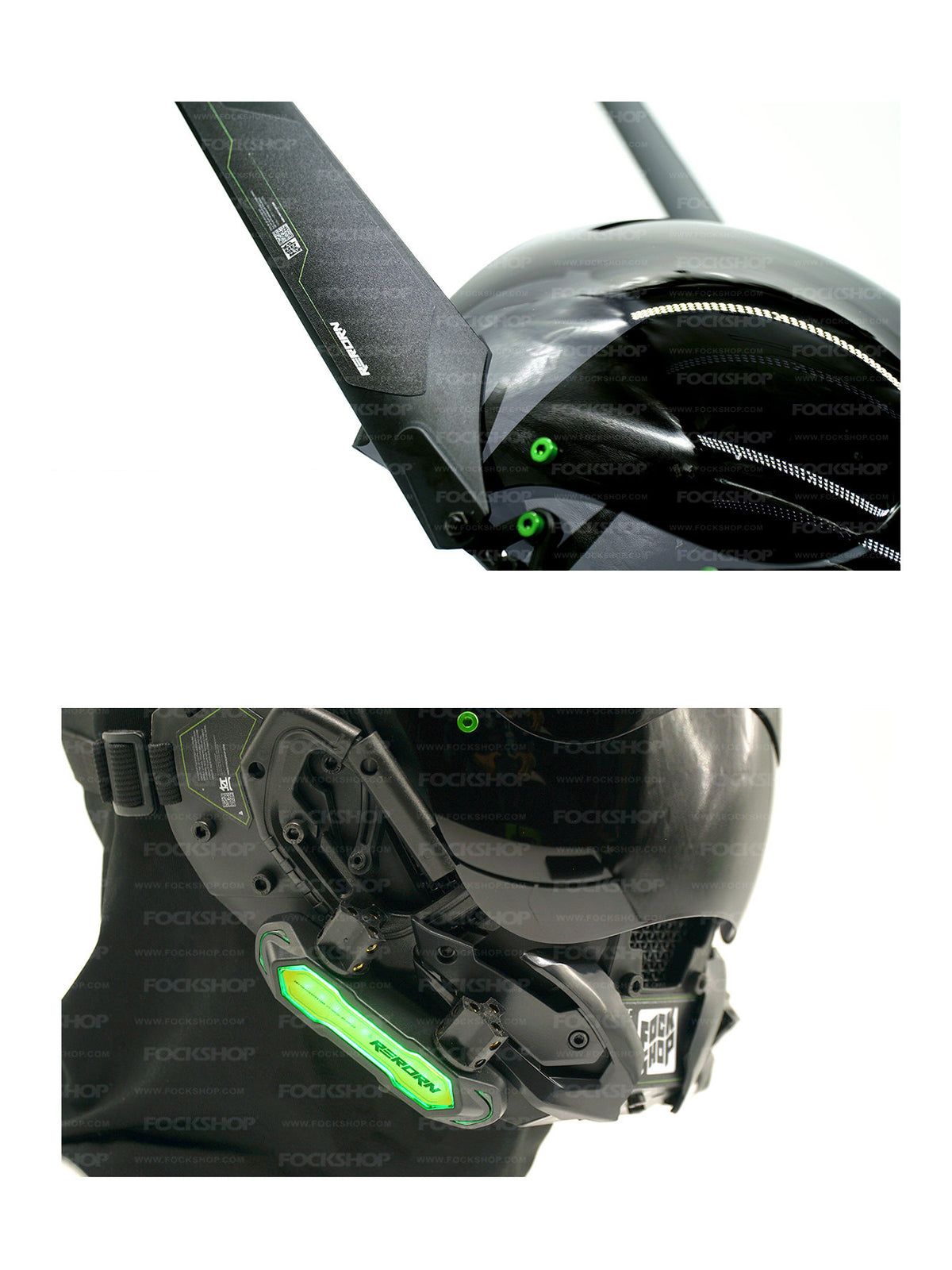 FOCKSHOP ANUBIS black illuminated horned cyber mask — close-up details of the detachable horn and mechanical mouthpiece