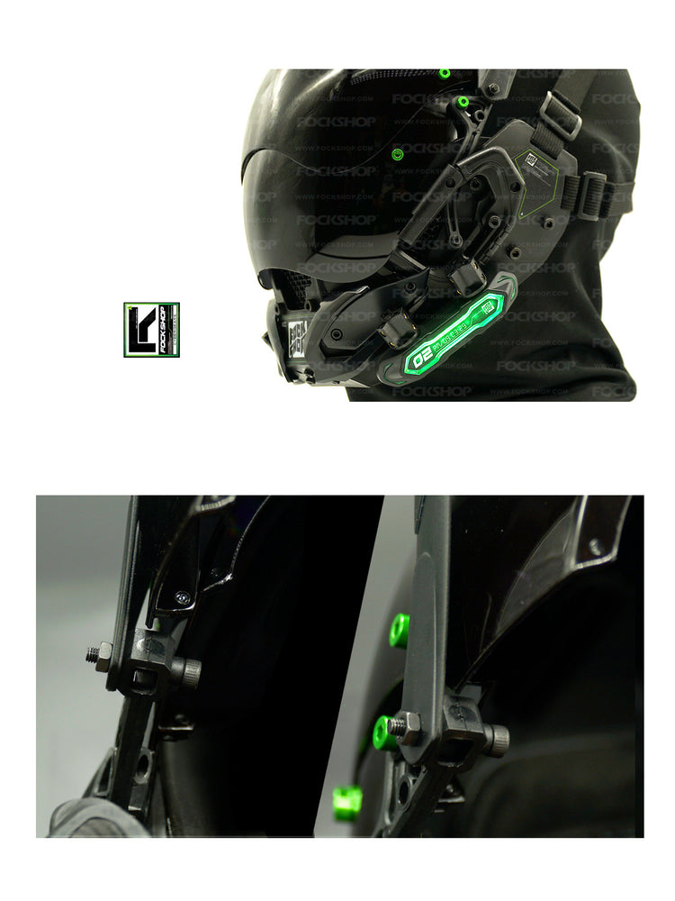 FOCKSHOP ANUBIS black illuminated horned cyber mask — side-profile detail and two close-ups of the horn fastening hardware