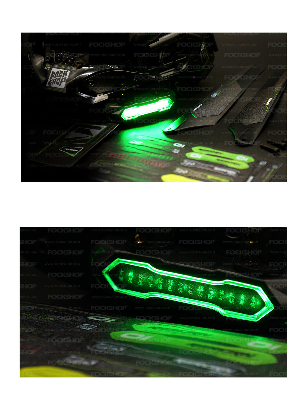 FOCKSHOP ANUBIS black illuminated horned cyber mask — tabletop detail of the green light and decorative stickers, with a close-up of the illuminated panel