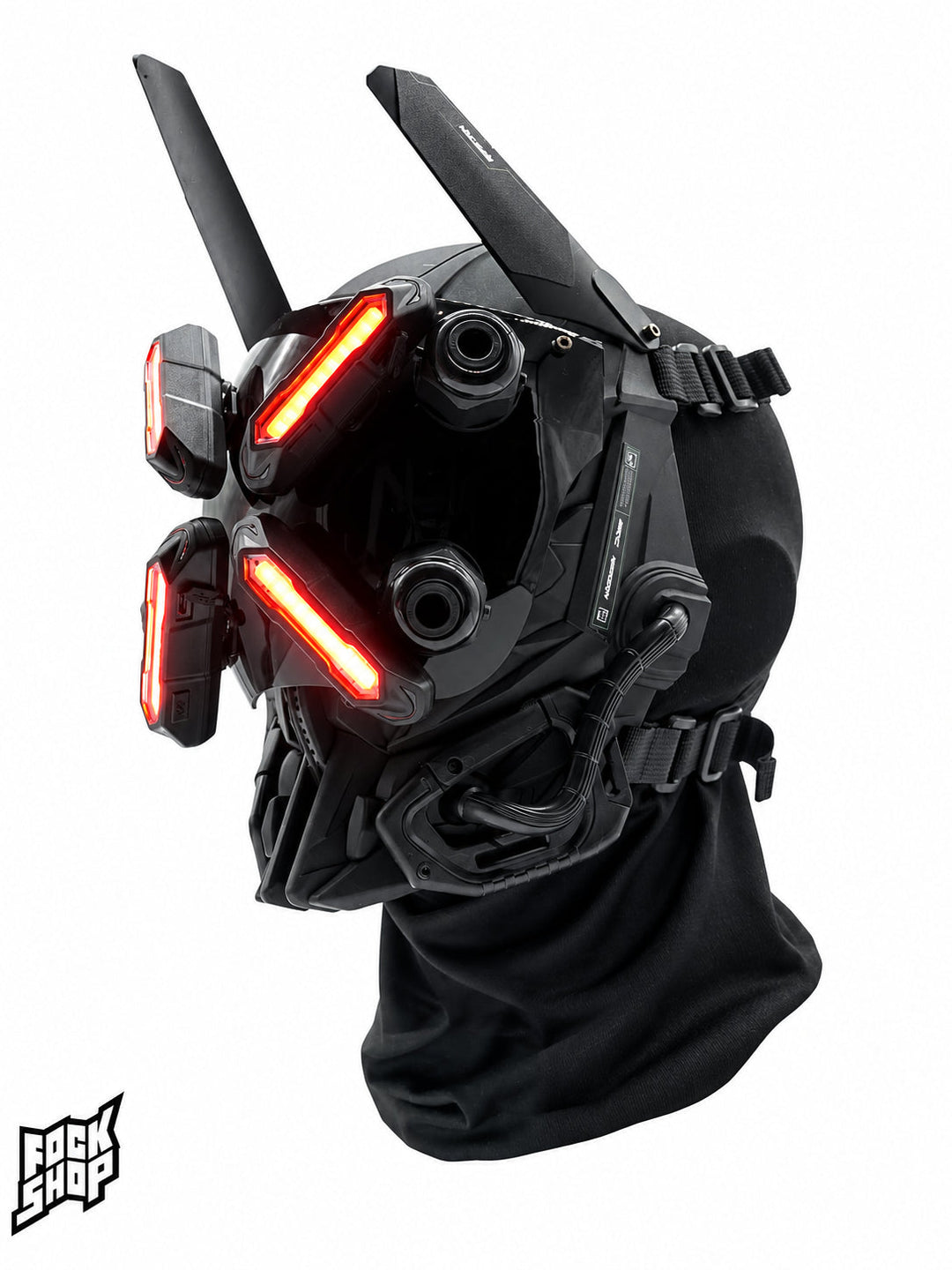 FOCKSHOP EYE II black illuminated cyber mask — red-lit three-quarter view with mounted decorative horns