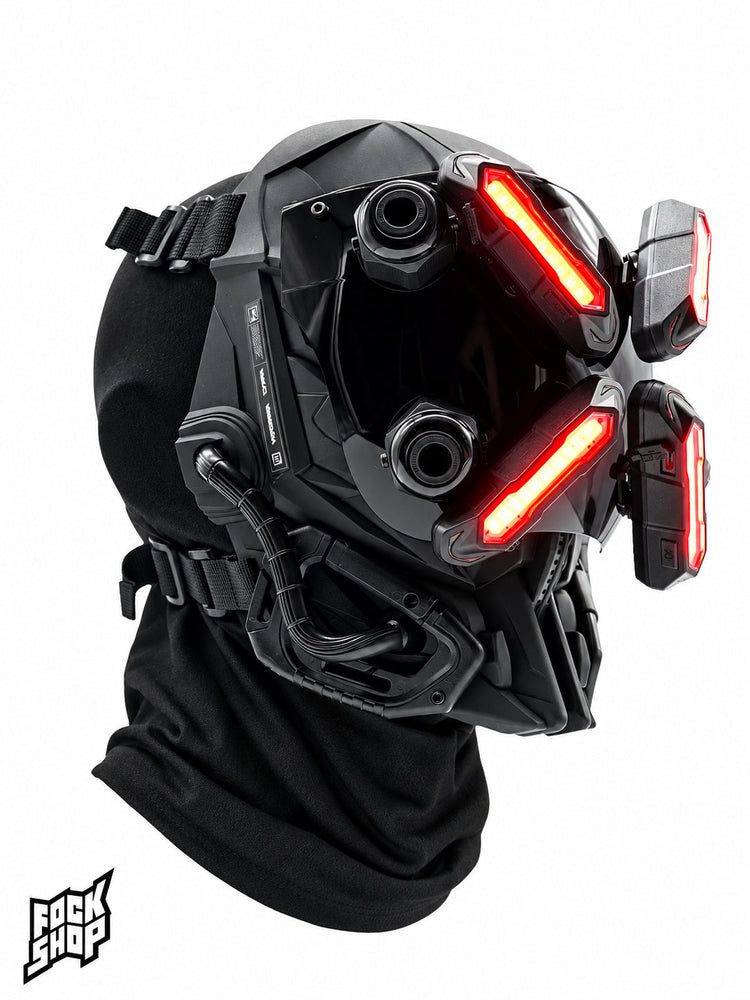 FOCKSHOP EYE II black illuminated cyber mask — opposite angled view showing red lights and the adjustable side strap