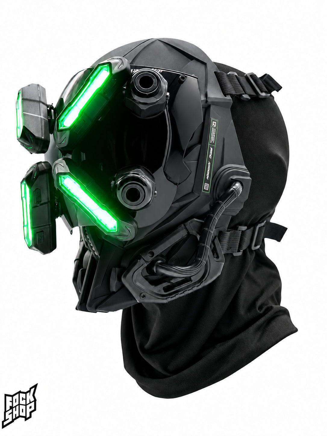 FOCKSHOP EYE II black illuminated cyber mask — green-lit angled view showing the black fabric base hood