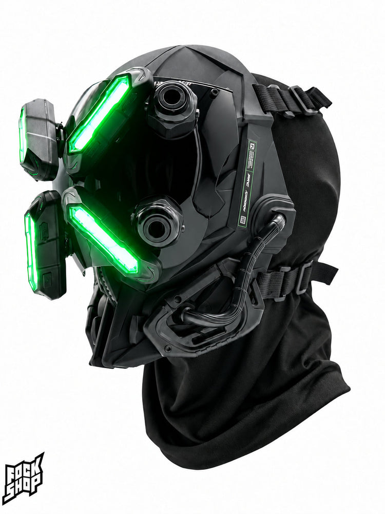 FOCKSHOP EYE II black illuminated cyber mask — green-lit angled view showing the black fabric base hood