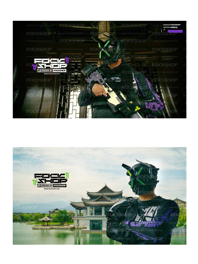 FOCKSHOP EYE II black illuminated cyber mask — two modeled costume views with green lighting, indoors and beside a lake