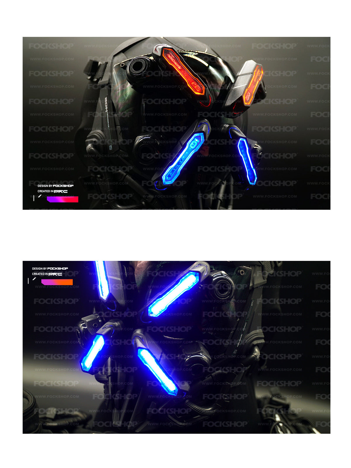 FOCKSHOP EYE II black illuminated cyber mask — close-up comparison of red-and-blue illumination and blue-lit panels