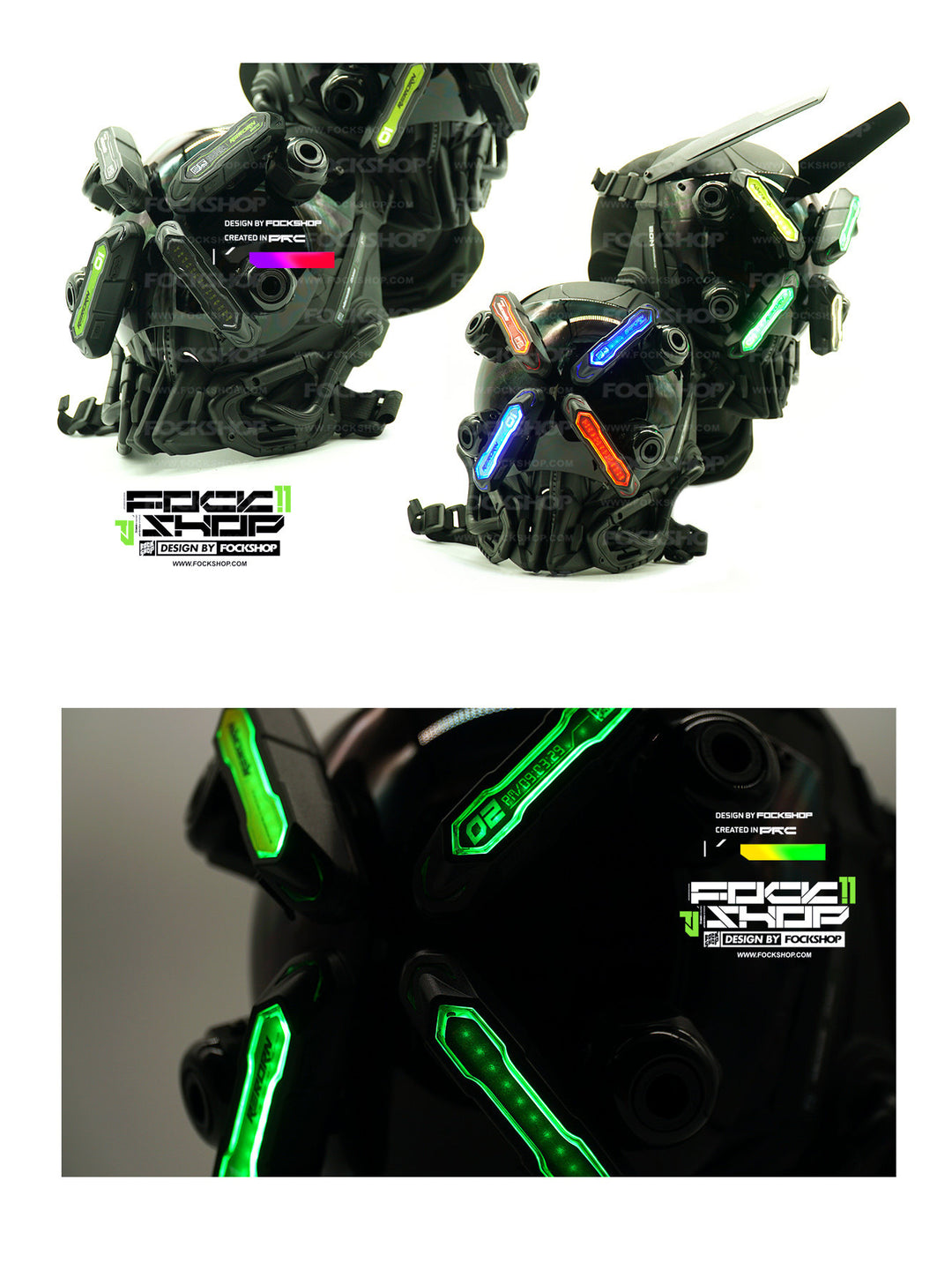 FOCKSHOP EYE II black illuminated cyber mask — mask display comparing lighting configurations with a close-up of green panels