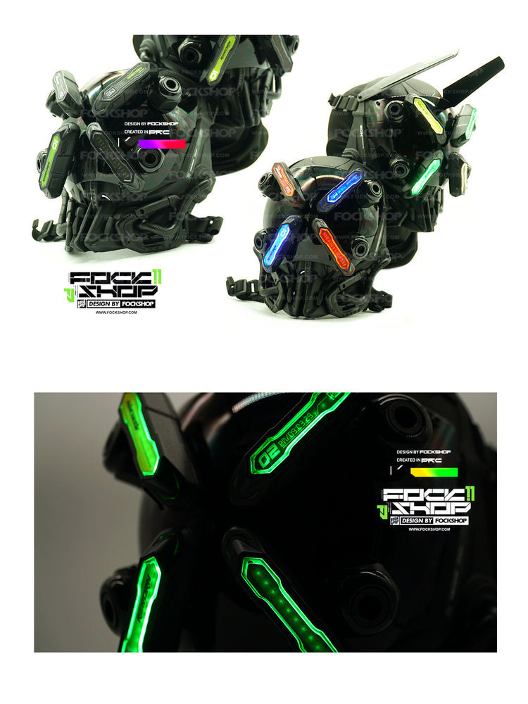 FOCKSHOP EYE II black illuminated cyber mask — mask display comparing lighting configurations with a close-up of green panels