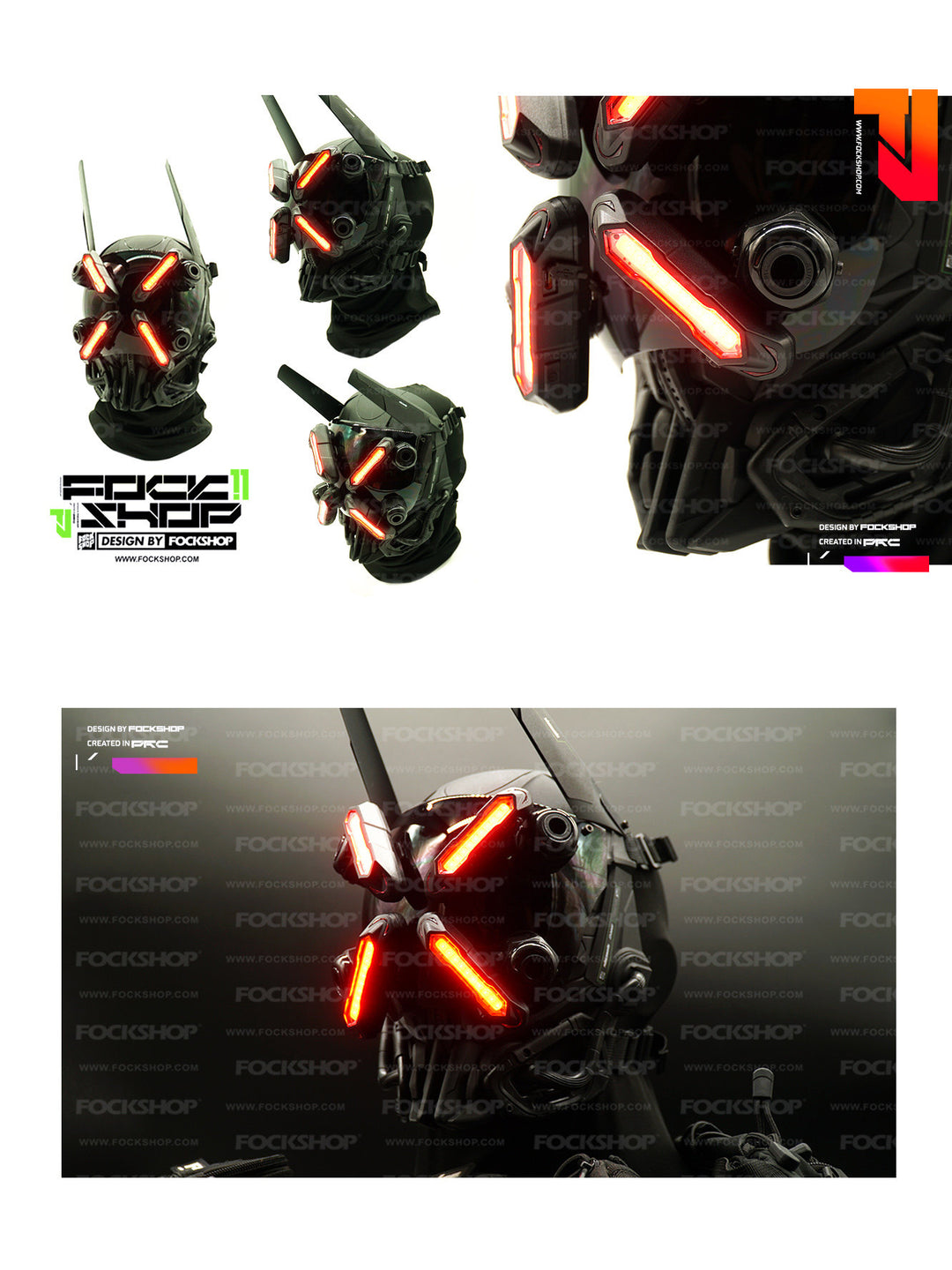 FOCKSHOP EYE II black illuminated cyber mask — red-lit front and angled display views with a wider dark-background detail