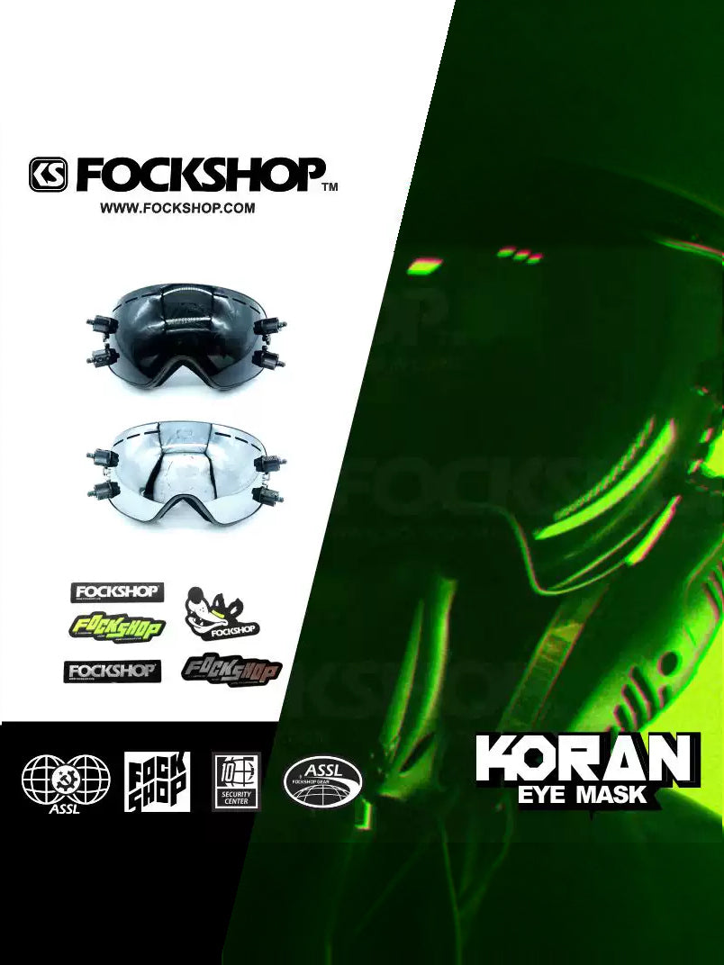 FOCKSHOP KORAN cyber goggles — original collage of black and silver-reflecting visor views with a green-lit costume portrait