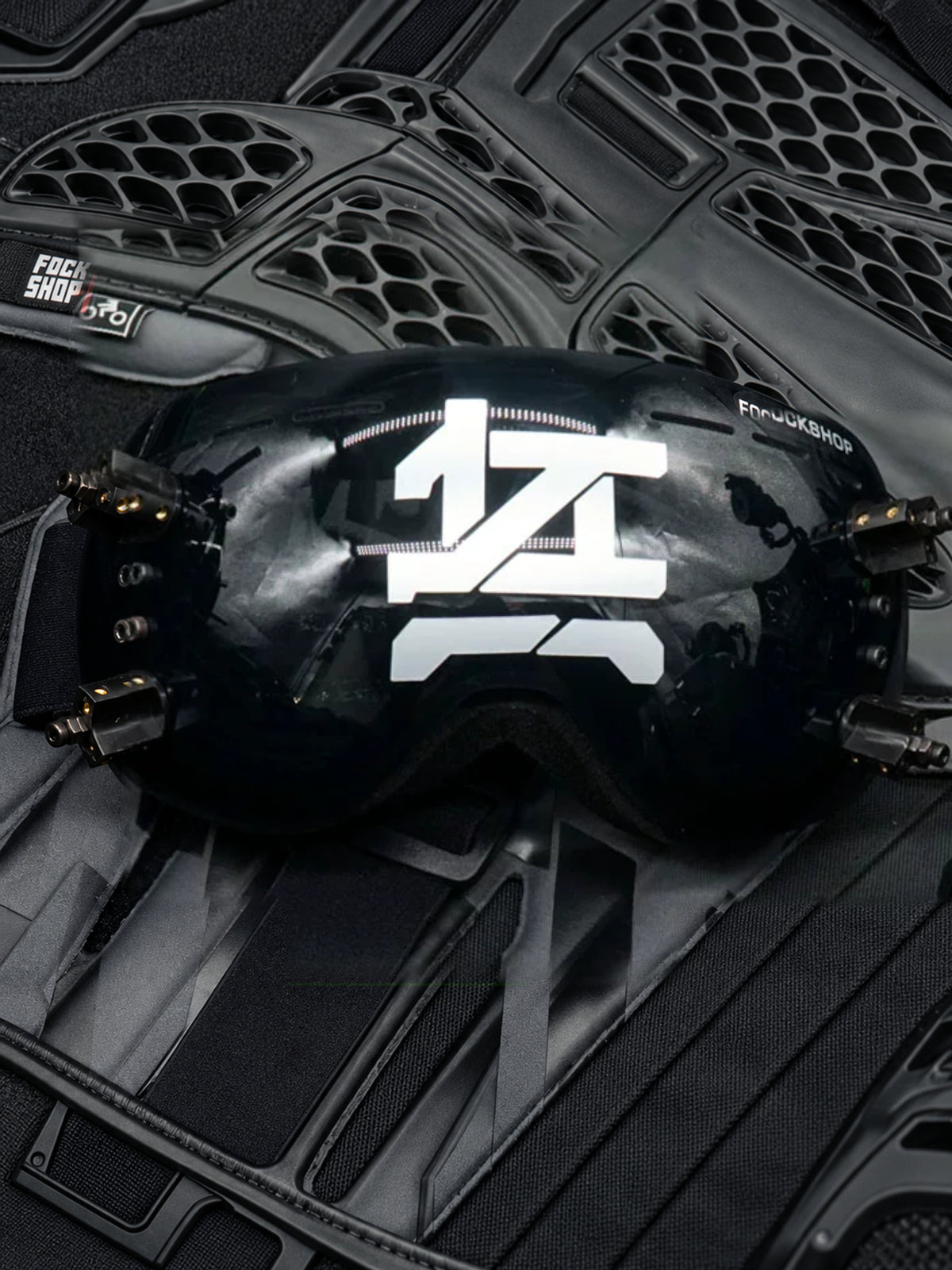 FOCKSHOP KORAN cyber goggles — WU black mirrored visor with its original white printed character