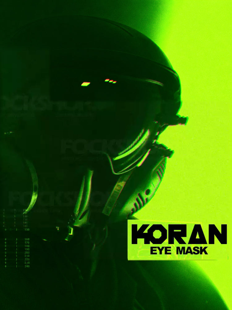 FOCKSHOP KORAN cyber goggles — green-lit modeled costume portrait showing the goggles above a separately styled respirator
