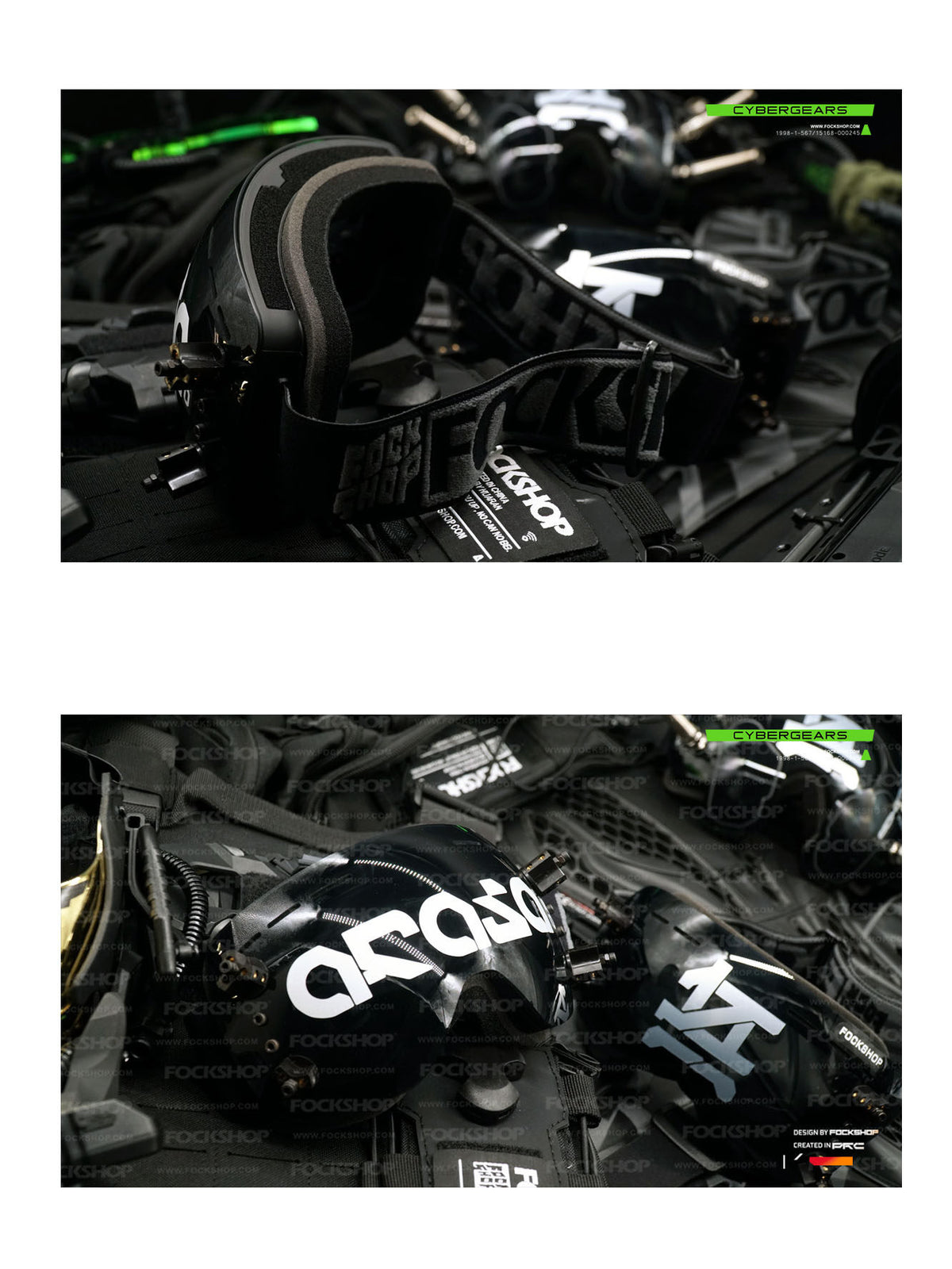 FOCKSHOP KORAN cyber goggles — rear foam lining and adjustable strap, with an angled comparison of both printed styles