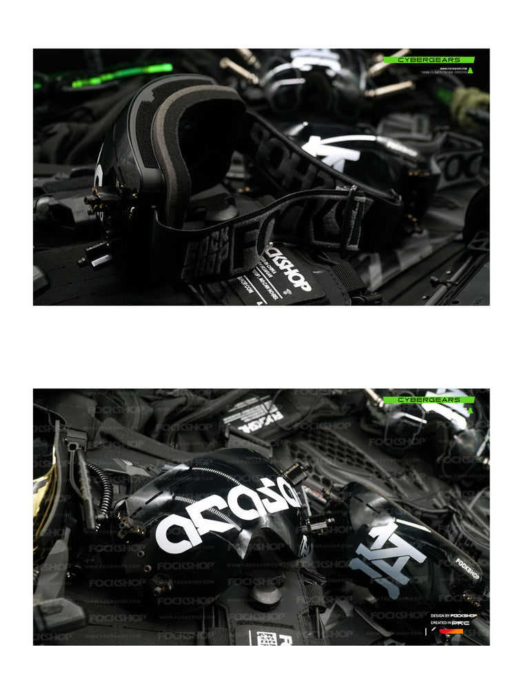 FOCKSHOP KORAN cyber goggles — rear foam lining and adjustable strap, with an angled comparison of both printed styles