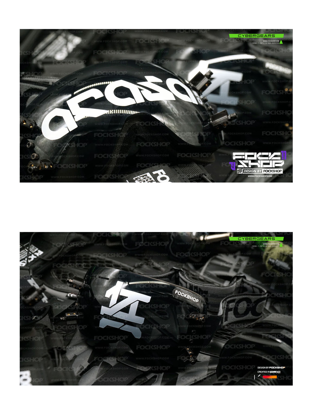 FOCKSHOP KORAN cyber goggles — angled close-ups comparing ARASA lettering and the WU printed character