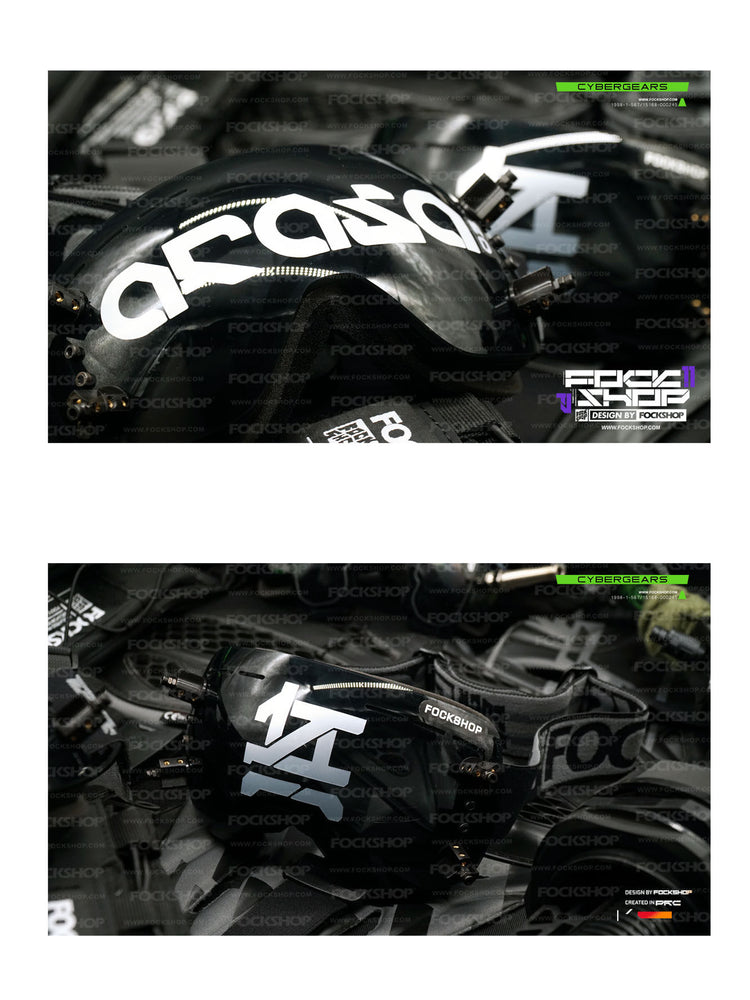 FOCKSHOP KORAN cyber goggles — angled close-ups comparing ARASA lettering and the WU printed character